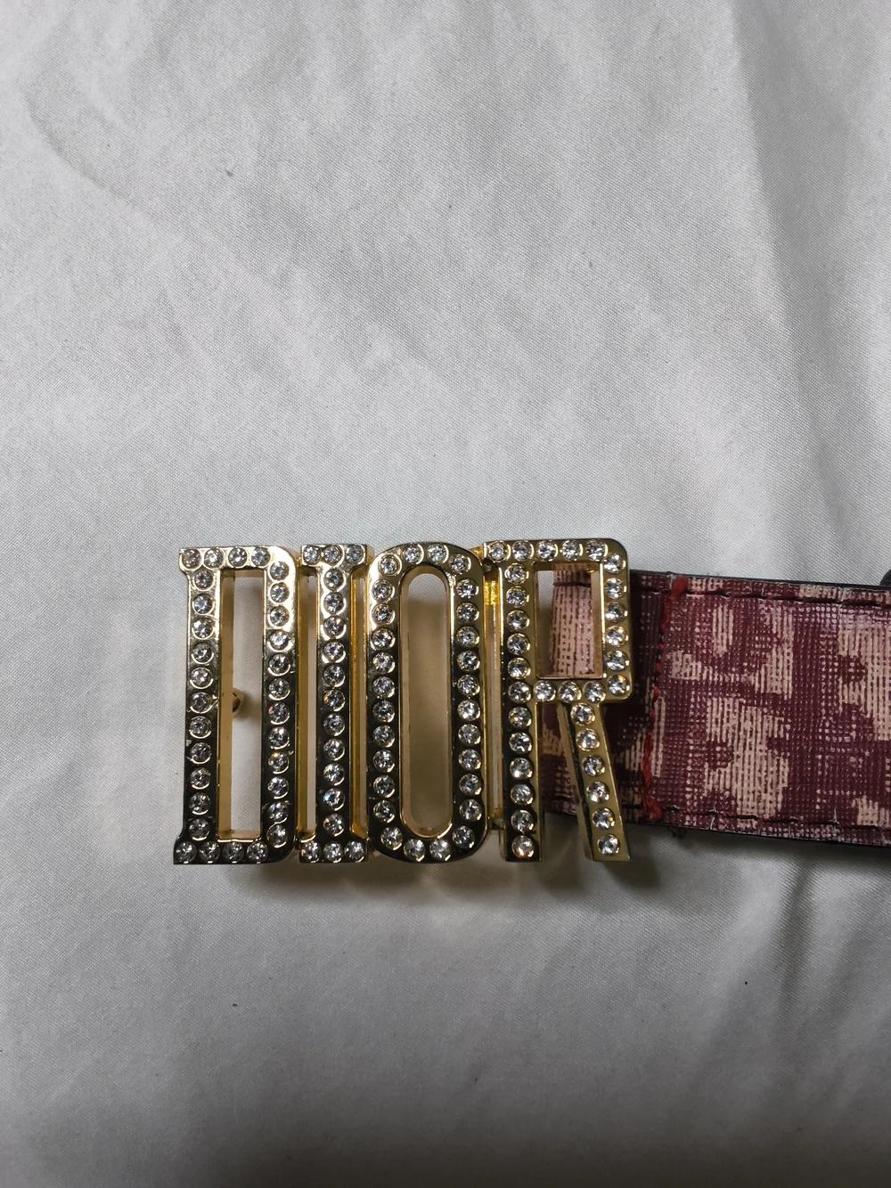 Dior Burgundy Canvas Belt with Gold Crystal DIOR Buckle